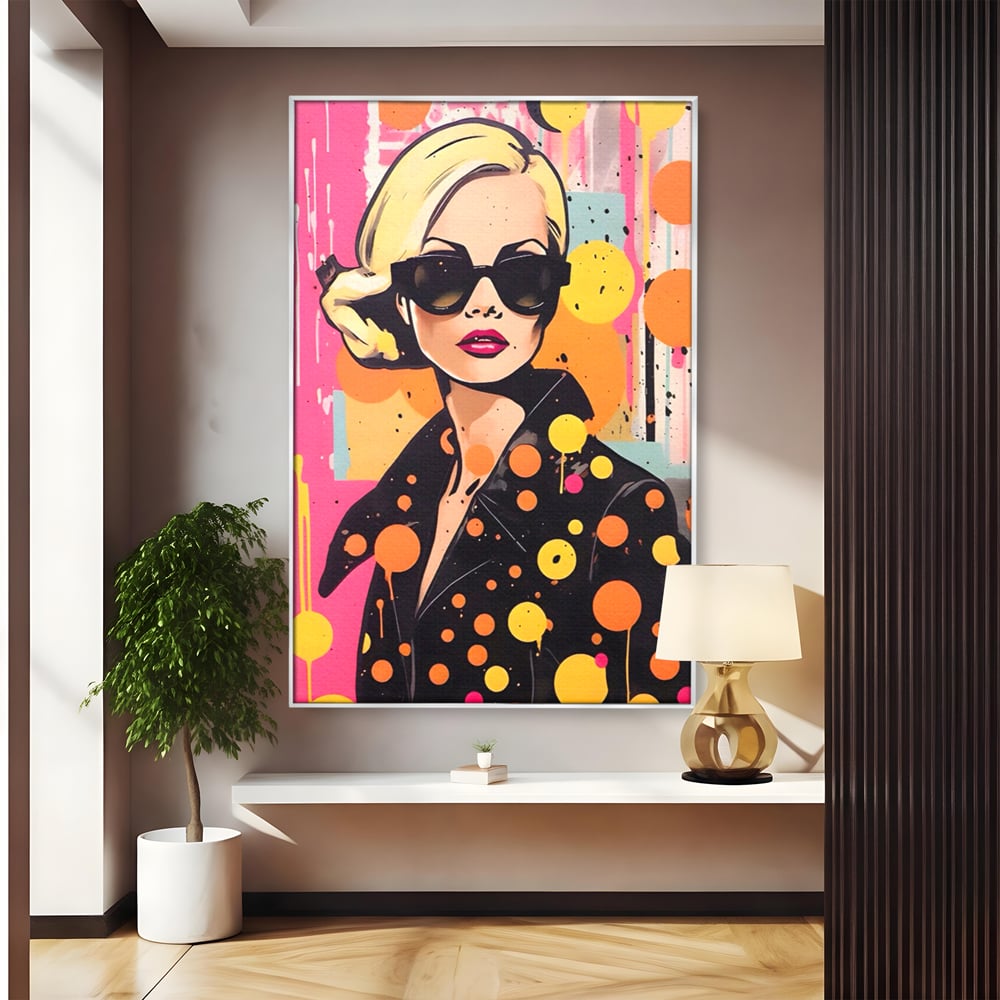 Tablou canvas cu tablou canvas portret femeie ochelari, in rama de aluminiu argintiu